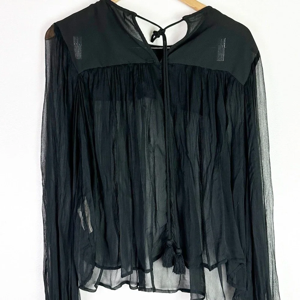 Free People Sheer Black Long-Sleeve Tassel Blouse